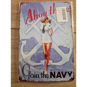 Vintage Style Navy Pin Up Girl Metal Tin Sign Ahoy There Join The Navy Wall Art